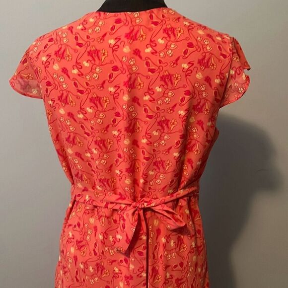 Ombre Womens Floral Ruffle Surplice Shift Midi Dress Orange Size 10 - Picture 4 of 8